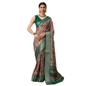 Women's Cotton Printed Saree With Unstitched Blouse 5.5Mtr (Green)