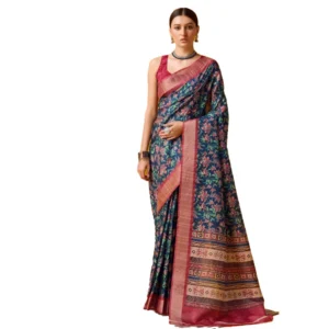 Women's Cotton Printed Saree With Unstitched Blouse 5.5Mtr (Red-NavyBlue)