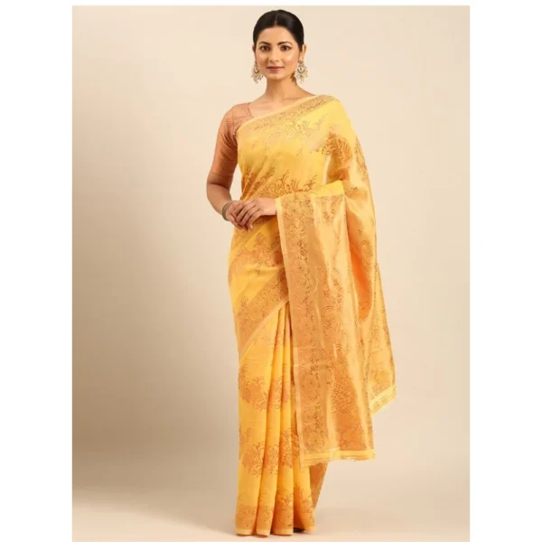 Women's Cotton Woven Design Saree With Unstitched Blouse 5.5Mtr (Yellow)